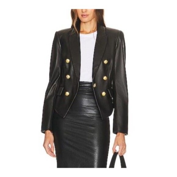 Veronica Beard Dickey Lamb Leather Blazer Jacket Cropped Black Gold Size 10 - Picture 3 of 15